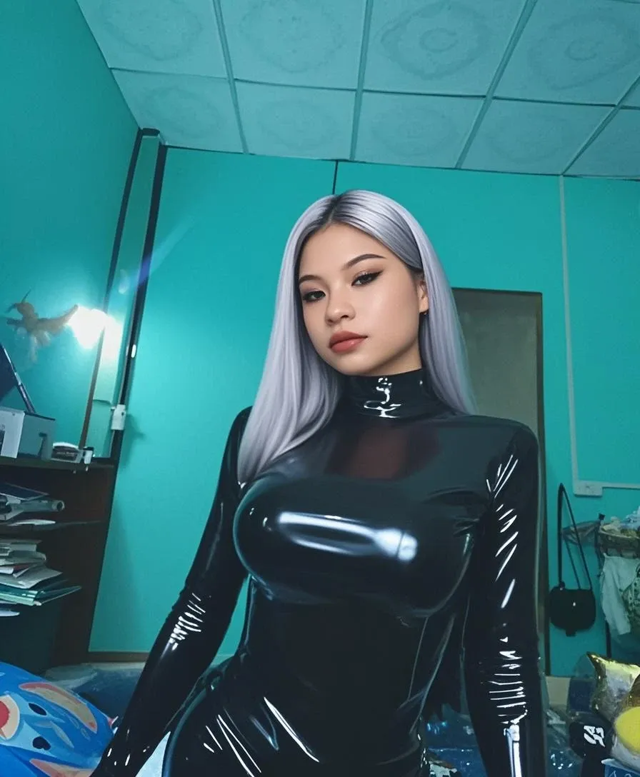 Cute fiveteen year old girl with chibi face. Hair is half yellow half blue. snow colored skin. eepy expression. taking a selfie while standing at a mirror. wearing slit latex black and golden dress that has jewlery on the hips. Long, messy blue and yellow hair.