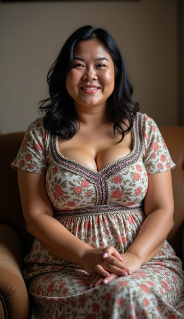(hyperrealistic photo), exotic beautiful indonesian woman, plump, natural , knee-lenght sleeveless batik housedress with intricate abstract details, sit on fluffy sofa, sensual pose,  expression, her hand squeeze her  and her ,  looking at the viewer, natural light, wide angle full-body shot, indonesian village house in the background,