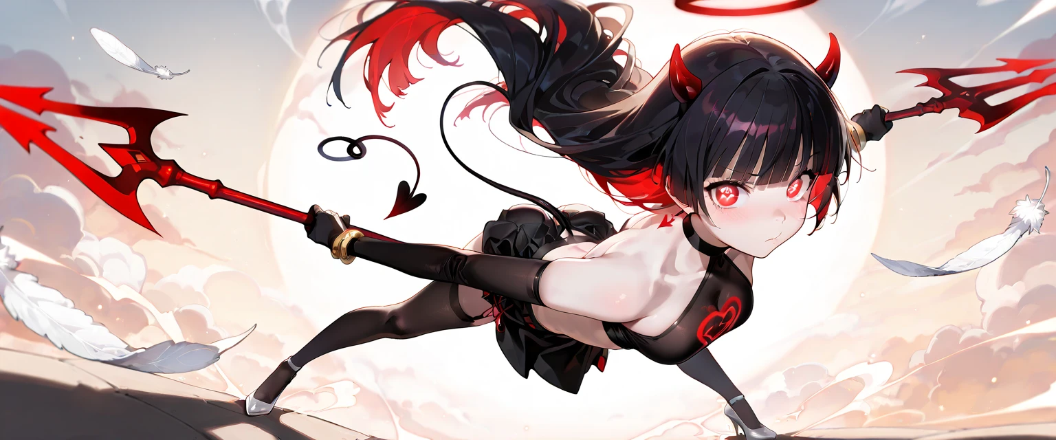 There is a demon Waifu,ultra hd,red/black hair,cute,red eye,,normal booba,Red panties Transparent flufy shirt , Short skirt,Black gloves,His mouth is open ,two tooth , water,fight position use sworld,