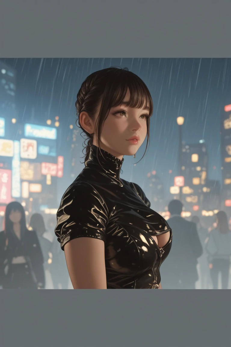 1 girlirl,Solo,(3D realistic), Cold,mediuml breasts,(cleavage),tight leather clothes, Smile, hyper HD, 8K,dramatics,(Mid-range portrait),looking to the camera,The city of the future,street corner,the night,Sateen,volume fog,steamy,cyber punk perssonage
