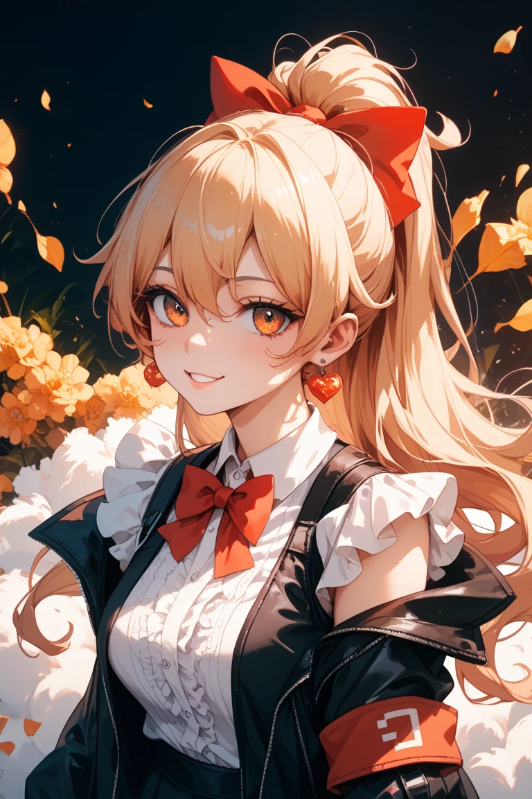 Ultra detailed, Highres, absurdres, HDR, Enoshima Junko, strawberry-pink blond hair tied in two twin pigtails, expressive light blue eyes, black shirt, Danganronpa, autumn, petals, extremely beautiful, woman, solo, very detailed eyes and face, orange leaves, butterflies, master piece, best quality, smirking