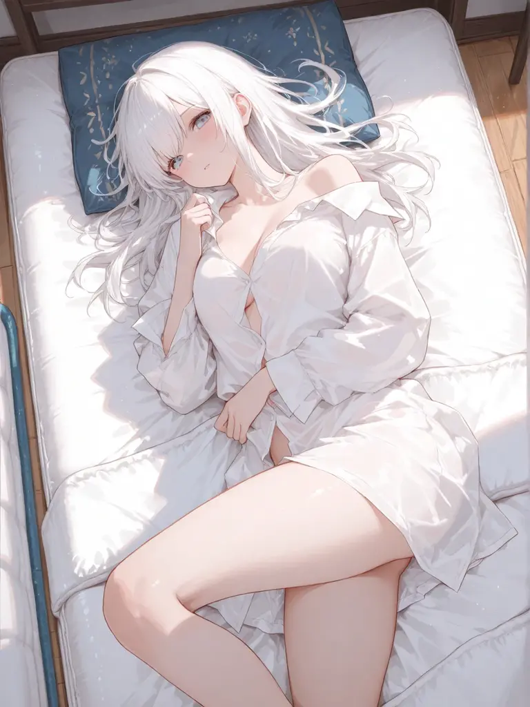 best qualtiy,tmasterpiece,超高分辨率,Authentic style,cold light,realistic illumination,RAW photogr,1girll,facing at the camera,long white hair,Joyful,Warm and open,delicated face,The body is curvy,Perfect anatomical physique,Lie flat on the bed,Full body photo,Arms spread wide,Invitation to bed,spread their legs,Camel toes,detail-rich,Show off transparent panties,Describe panties carefully,Strangle,detail-rich,Real lighting,Wear a chest wrap on the upper body,seminude,high high quality,Hands are naturally open,Beautiful posture --auto