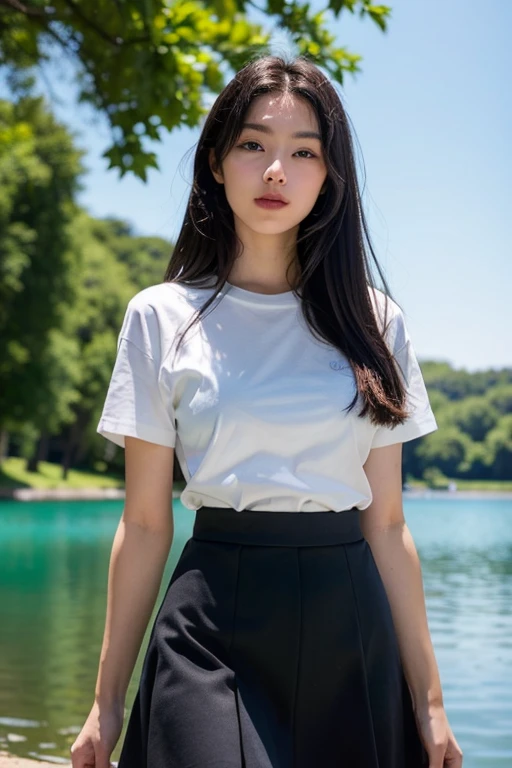 8k, Raw photo, highest quality, masterpiece:1.2), masterpiece, highest quality, figure, Very detailed, Fine details, High resolution, 8k,wallpaper, Perfect dynamic composition,(Detailed high quality, Realistic depiction of eyes:1.3)、A woman who has been  and tied up、Hands behind your back、Standing by a river in the mountains、Facing forward、２１talent、Beauty、Well-formed face、Make your eyes even、Beautiful black hair、Has bangedium build、Well-balanced proportions、Beautiful legs、Short sleeve shirt、Long skirt、Like real life、highest quality、