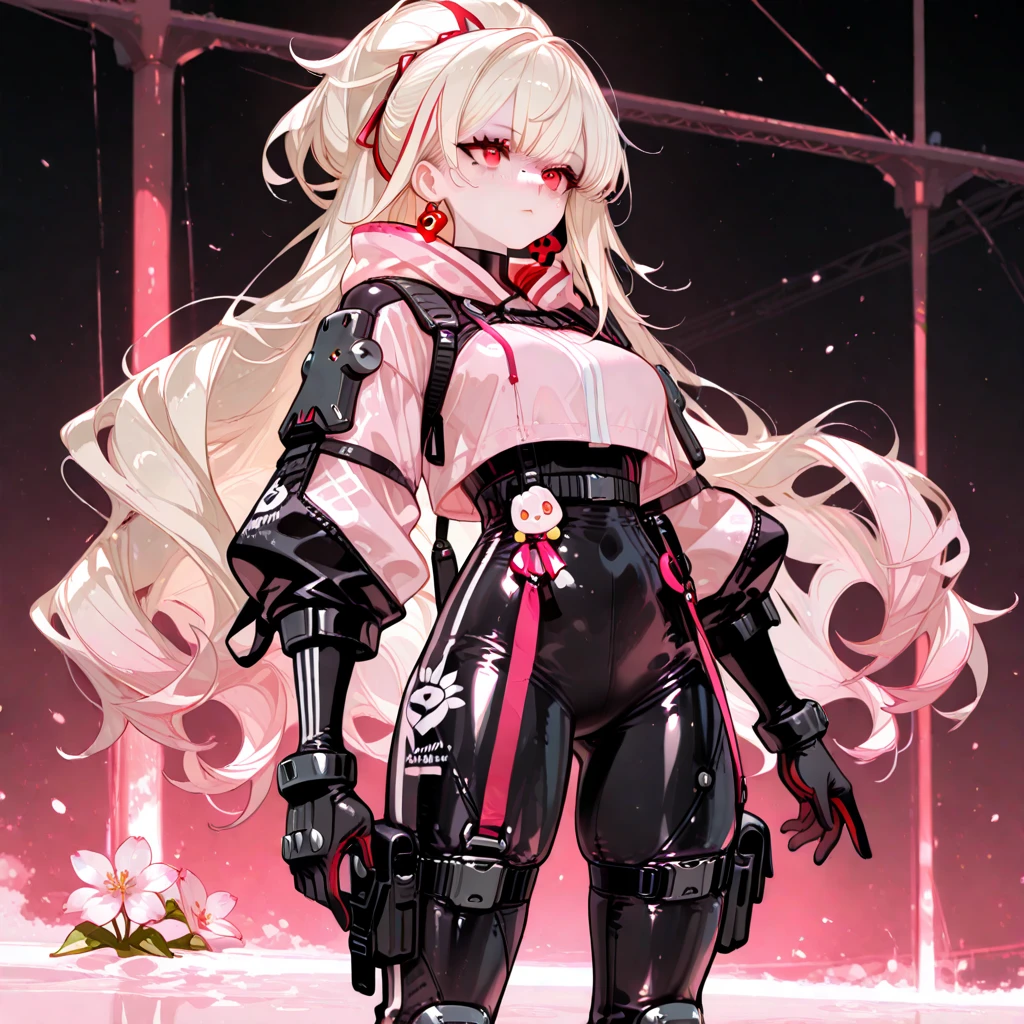 1girl, bare shoulders, boots, breasts, full body, gloves, jacket, long hair, looking at viewer, multicolored hair, navel, off shoulder, pink eyes, skirt, sleeveless, smile, solo, standing, thighhighs, scythe