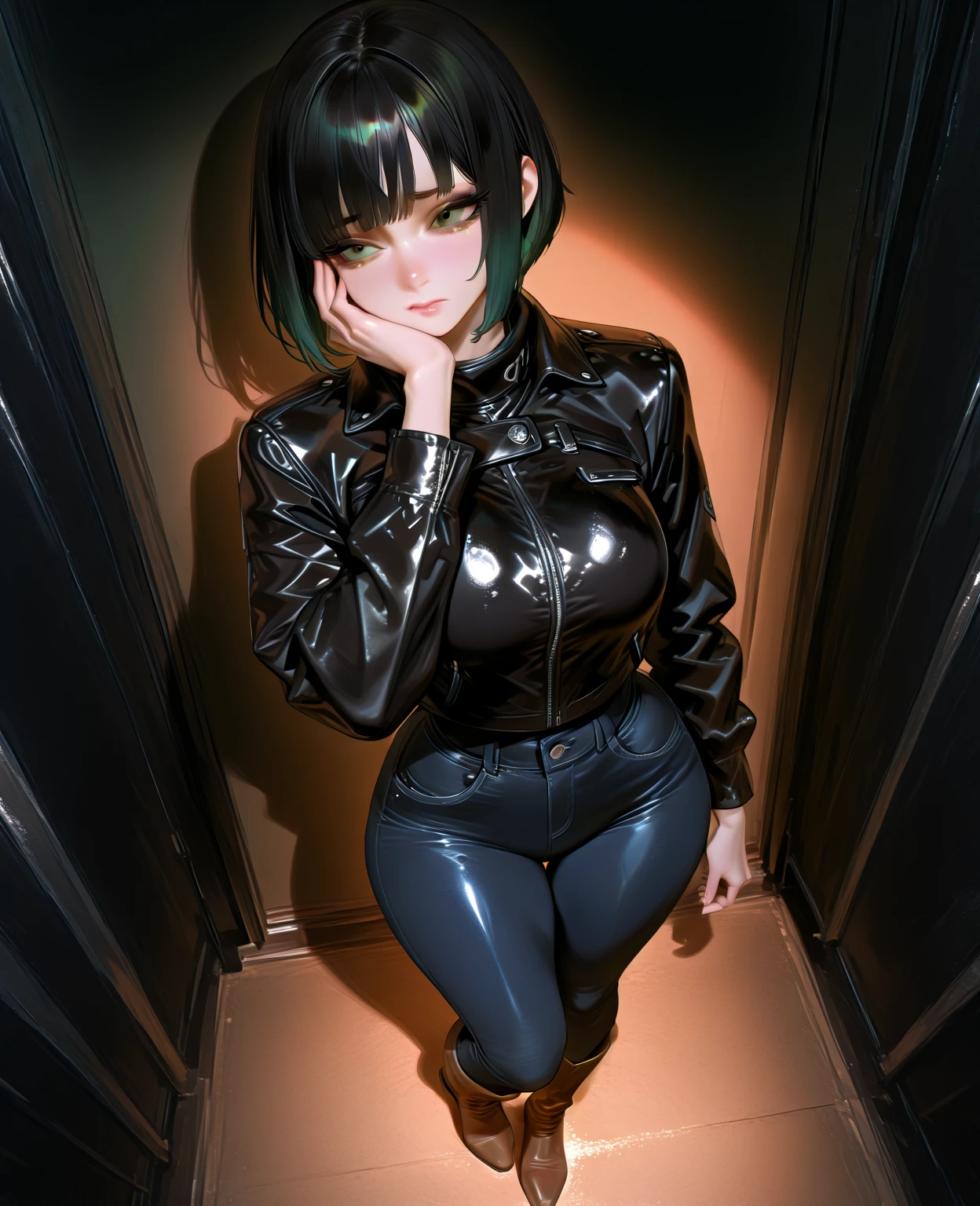 (masterpiece, best quality:1.2),  noodle (gorillaz), black hair, 1girl, streaked hair, black eyes, multicolored hair, bangs,  parted lips, breasts, small breasts,  bob cut, masterpiece, best quality, absurdres, 1girl, blunt bangs, black jacket, bottomless, black shoes, long sleeves, white shirt, (1boy), sex, (hetero:1.2), looking at another, sitting, girl on top, (straddling, upright straddle, vaginal, penis, pussy), pussy juice, hug, (blush:1.3), (sweat), steam, window, indoors, full body, (closed eyes), parted lips