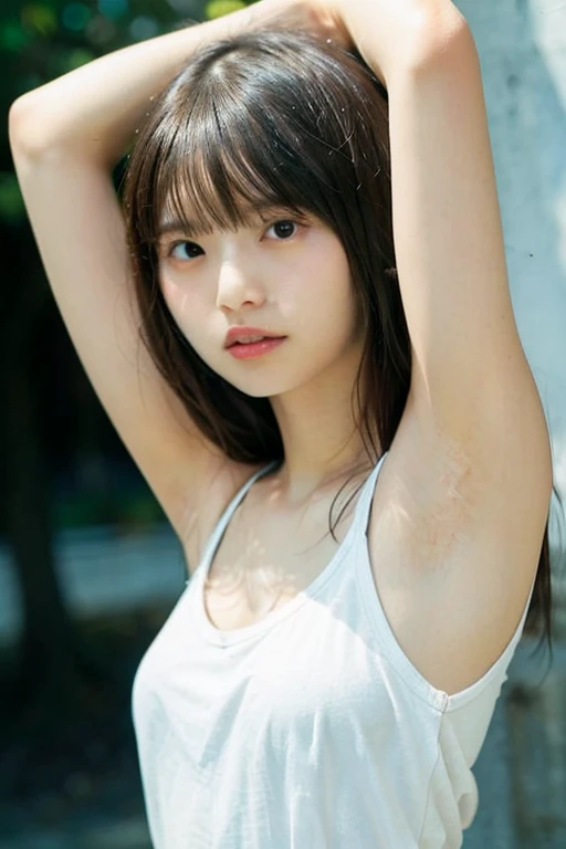 Highly detailed CG Unity 8K wallpaper, top quality, super detailed, table top, realistic, photo-realistic, Highly detailed cute girl, 25 years old, round eyes, viewer,  blush,  Upper body , (armpit) , (sweaty) , Underarm pussy、nipple、troubled face、A face that looks like it&#39;s about to cry、excited face