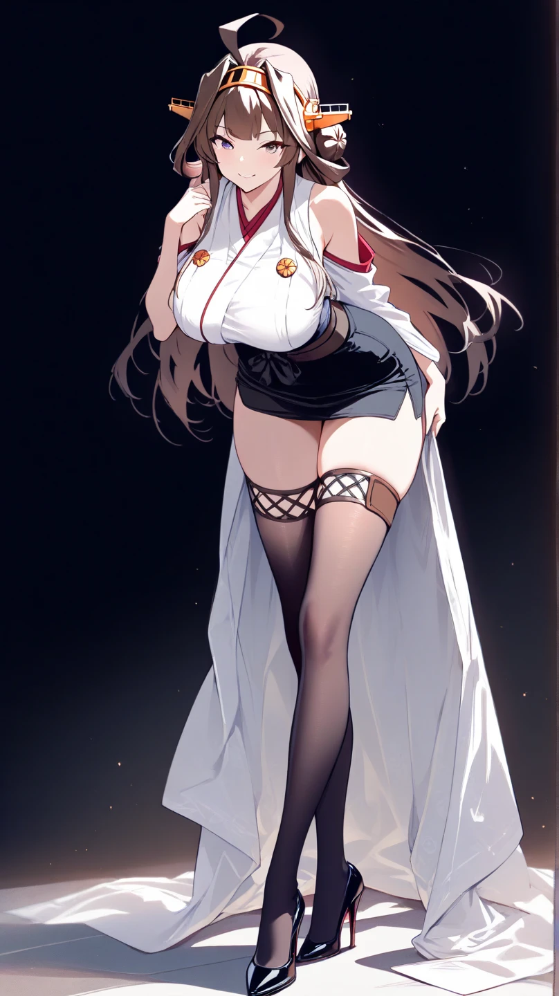 ((masterpiece, high resolution, better quality, better details)), ((Marin Kitagawa)), ((Smiling)), ((one girl)) a girl modeling standing, mini skirt, blouse, ((big neckline)), ((platform high heels)), pink eyes with black outline, (light blonde hair, straight hair, straight bangs, long hair)), long nails, pink nails, (((curvy body))), shiny skin, ((side view)), solo, bare shoulders, full body, focus full body, high heels, ((White background)),