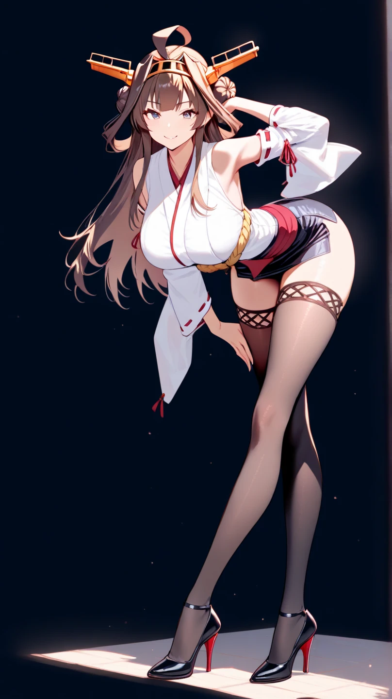 Masterpiece, beautiful art, 8k, art style by sciamano240, very detailed face, detailed hair, detailed clothes, detailed fabric, 1girl, beautiful face, long hair, light blonde hair , posing standing, facing camera, very detailed blue cat eyes, big smile, close up view, zoom in, looking directly at the camera, wearing team rocket uniform, black elbow gloves, white pencil mini skirt, thigh boots, rosey cheeks, studio setting,