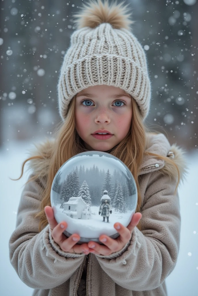 a close-up of a blonde child with long hair, BIG BALL OF ICE IN HAND.