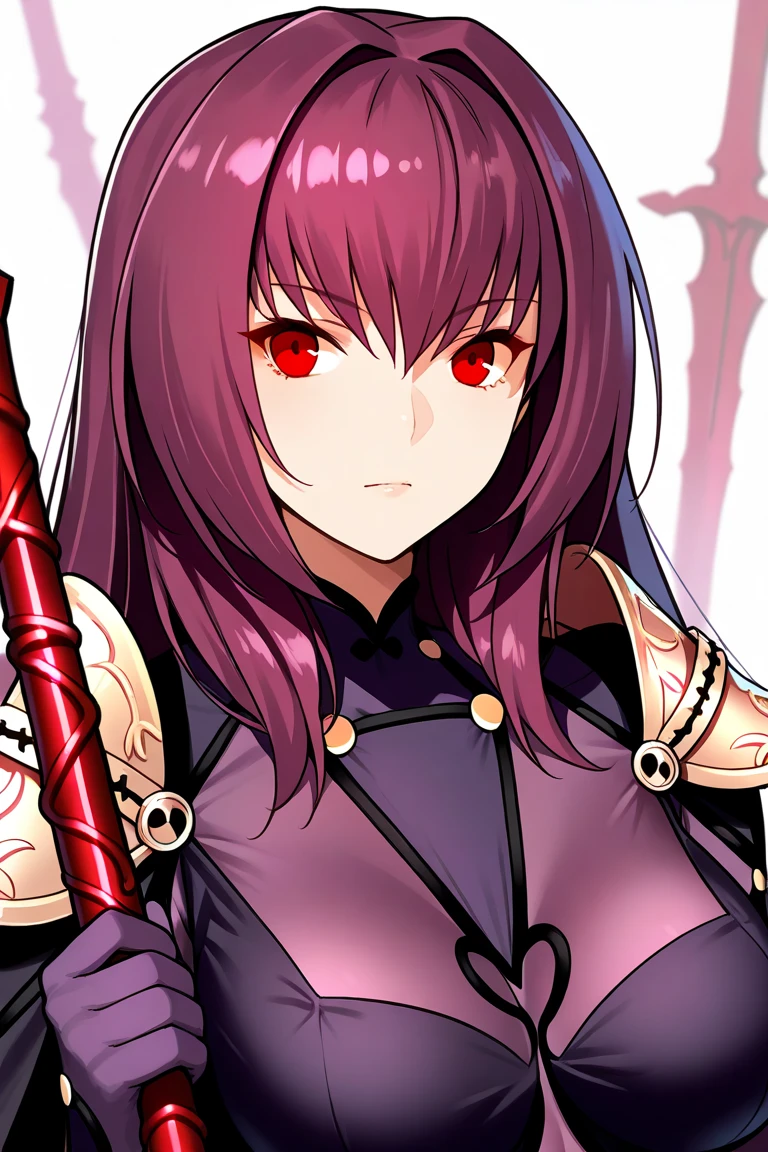 1girl, purple hair, red eyes, exposed torso, archer, bow and arrow,fire knight, legendary weapon ,beautiful clothes,(masterpiece, best quality), calm, aura of fire