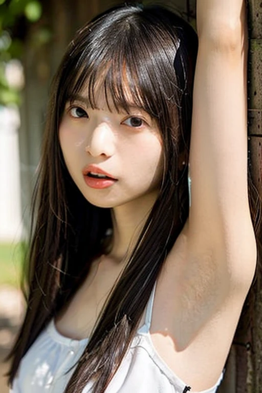 (best quality:1.4), (ultra highres:1.2), (photorealistic:1.4), (8k, RAW photo:1.2),(portrait shot:1.3), bmangpor, 1girl, solo, long hair, brown hair, upper body, white armpits, arm up, red shirt, 
