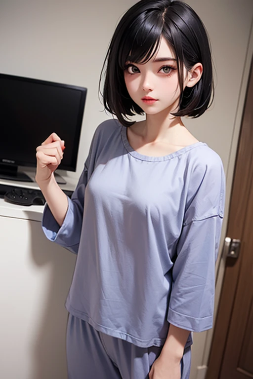 (masterpiece, best quality)),((highres:1.2)), 1 Girl, solo, Blurred Background, (((Small breasts))), Thighs, (Groin), gray stripe underwear, (long T-Shirts:1.3), ((pixie cut:1.3)), [[navel]], cheek, Excited pose