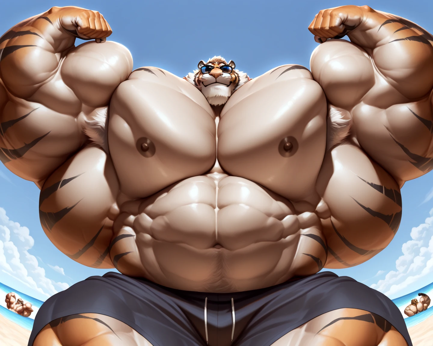 1 asian boy, giant, alone, giant bodybuilder, illuminating light, strong body, bulk, large size, staring, standing in white photo studio, indoor, nude, white shirt & blue drawstring pants, thick bulge, extraordinary big, brutalmass, giant muscular body, bulk, buff, massive body, large meaty body size, extremely wide body