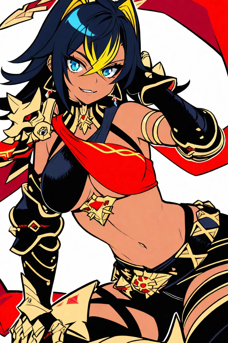 (masterpiece, best quality, detailed), 1girl, solo, DehyaGenshin_NDV, multicolored hair, black-gold hair, streaked hair, large breasts, very long hair, blue eyes, dark-skinned female, earrings, animal ears, criss-cross halter, fingerless gloves, armlet, bands, belts, shorts, high boots, looking at viewer, legs apart, clenched hands, fighting stance, dutch angle, parted lips, smile, v-shaped eyebrows, desert, sand, dust, sun