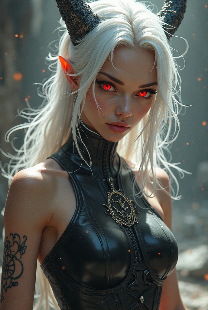 tiger girl ,with warrior pose ,with white hairs ,wearing black medieval clothes ,angry ,Eyes red ,with short hair, chic