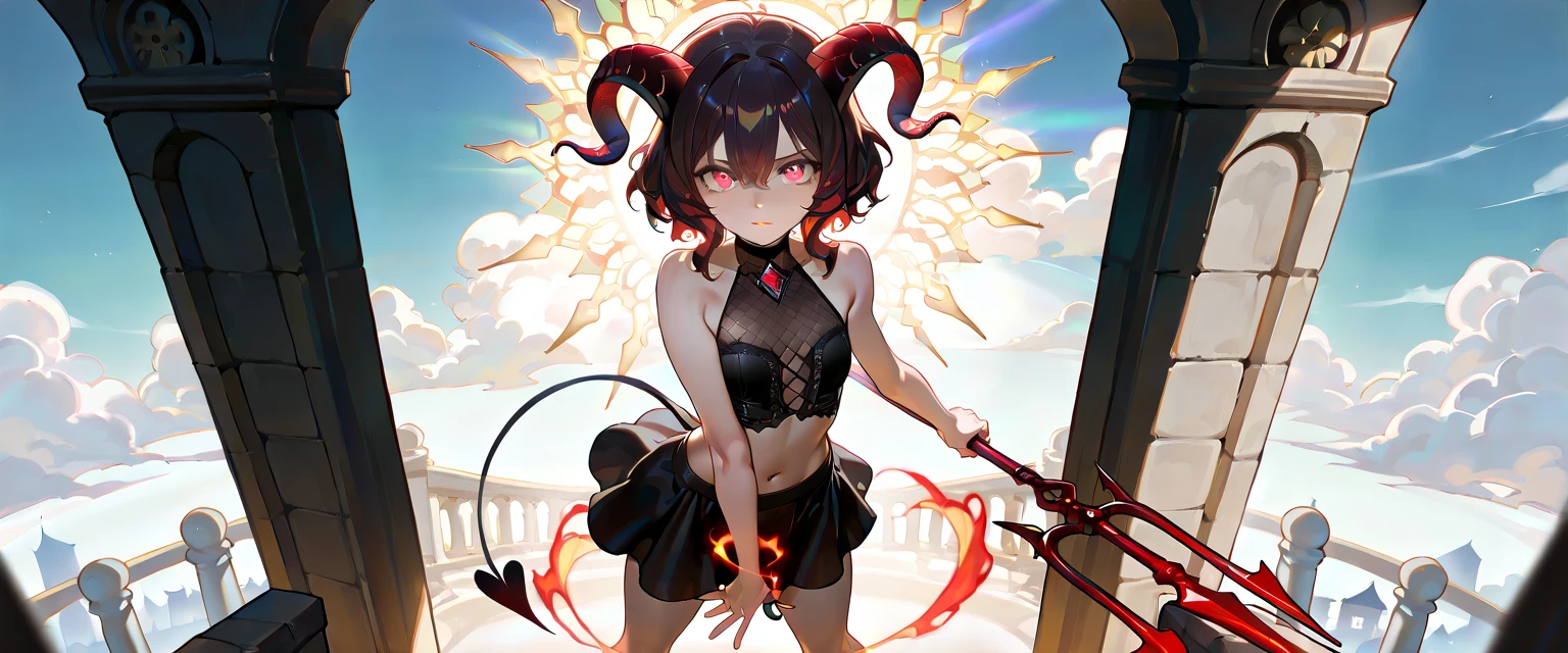 <lora:e7 ARavi:1> e7 ARavi, yellow eyes, red mark in forehead, (low twintails comming from under the ears) with yellow ribbons, small breasts, small blackbull horns, (red clothes), black sorts, nothing under the tabard, naked under tabard, naked, showing nipples, nsfw, flat chest,
(masterpiece), best quality, highres, 4k, 8k, Detailed Illustration, intricate detail, cinematic lighting, amazing quality, 1girl, fit female, amazing shading, soft lighting, facing camera, perfect eyes, showing nipples