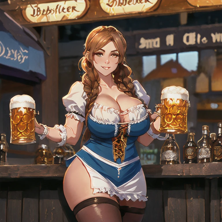 1girl, two panel breast expansion comic, ((a very beautiful blonde bavarian girl holding a huge beer stein)), looking down at viewer, long wavy hair, ((wearing traditional lederhosen)), bavarian colors, flowers in her braided hair, low angle, huge fat thighs, super thick thighs, insanely wide hips, surprised smile, too small overalls , skin indentation, her breasts are too big for her tight overalls, overflowing breasts, bbw, holding her boobs, huge lips, cleavage, breast expansion, gigantic breasts, loving her new breasts, nipple_outlines, huge hard nips, areolas peeking out, ((old german beerfest background)), wall of giant boobs