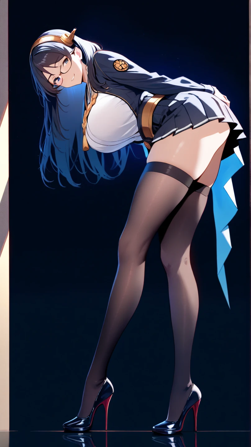 (full body),masterpiece, highest quality, One girl, ellis xillia,costume,black elbow gloves,Black thigh-high socks,Blue Eyes,Long Hair, Blue Hair, Thick thighs,View your viewers, smile, Simple Background,Cowboy Shot,Dynamic Angle, (From behind,Bent over, Looking Back),