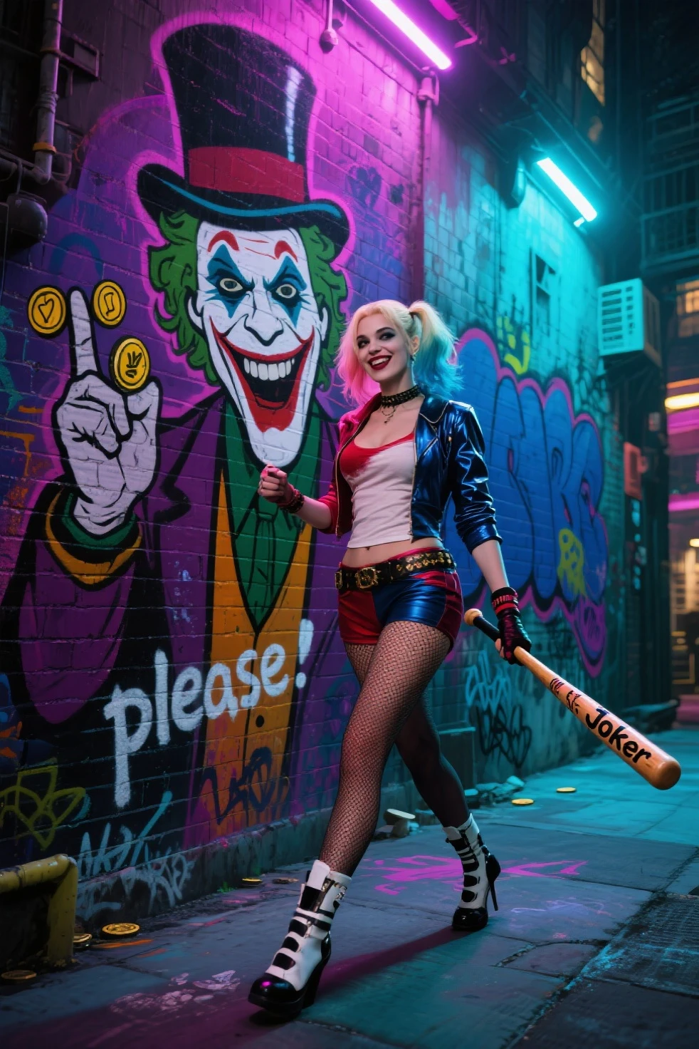 Harley Quinn in a beautiful outfit, Walking down the streets of Gotham, in her hands is a baseball bat with an inscription "Joker" smiling paint, she moves in a seductive gait, holding the bat along a large wall with graffiti depicting a handsome Joker with a top hat in his hand and asking for coins with likes and text "please", beautiful neon colors , rich colors, best quality, high quality, intricate details, clearly, masterpiece, Cinematic light, cinematic style, In the style of the game ,