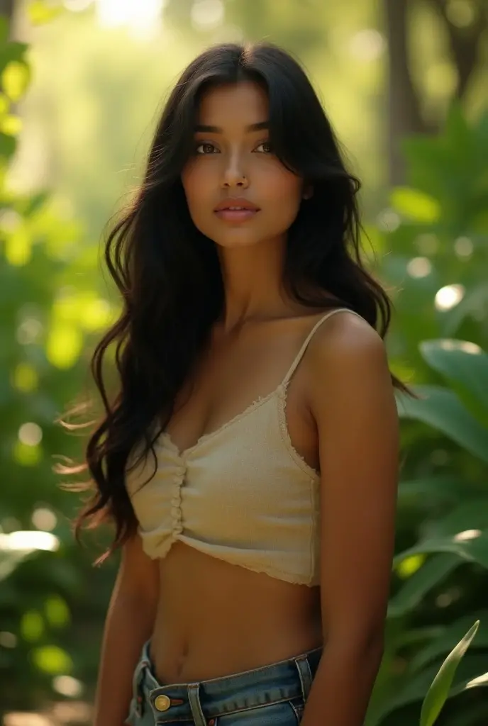 A girl of 1,60 meters with black hair down to the waist, big green eyes, long lashes, delicate features, athletic body, with quite a bust