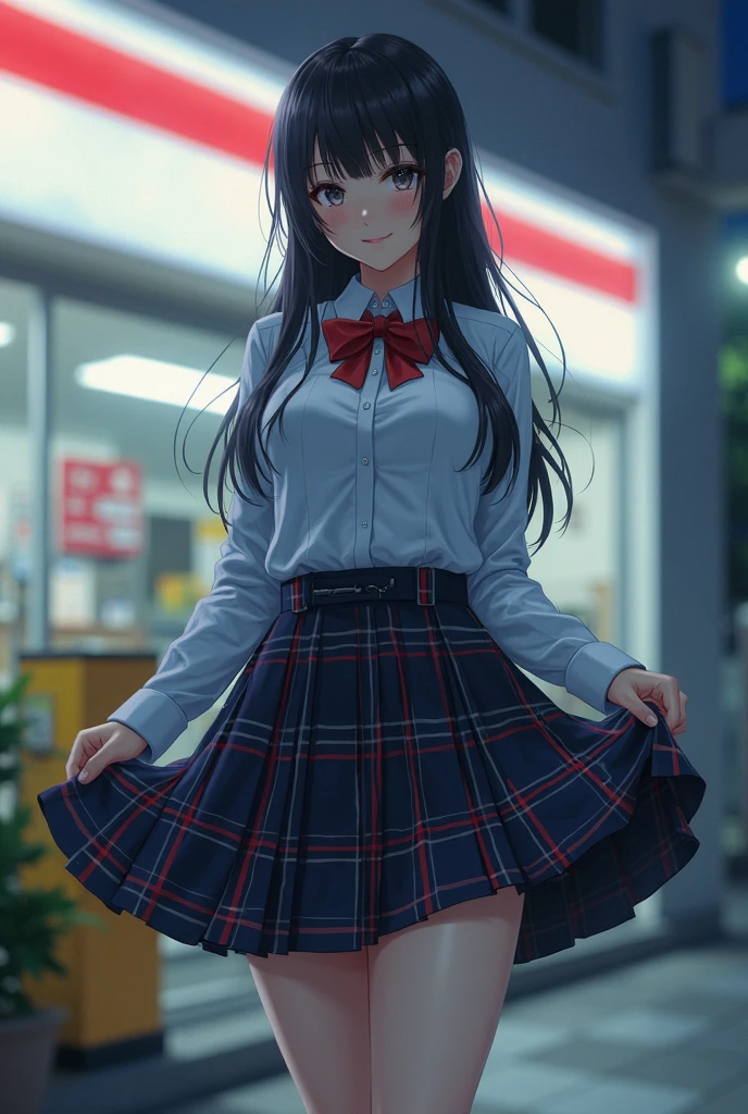 masterpiece, best quality, full body, 1girl, bangs, black choker, black necktie, black hair, blue skirt, blush, bracelet, breasts, choker, clothes around waist, collarbone, collared shirt, cowboy shot, dress shirt, ear piercing, eyebrows visible through hair, gradient hair, grin, gyaru, jewelry, kogal, long hair, looking at viewer, loose necktie, necktie, piercing, plaid, plaid skirt, pleated skirt, red eyes, ring, school uniform, shirt, skirt, smile, solo, white shirt, street, sky, cherry blossoms, petals,illustration, (magazine:1.3), (cover-style:1.3), fashionable, woman, vibrant, outfit, posing, front, colorful, dynamic, background, elements, confident, expression, holding, statement, accessory, majestic, coiled, around, touch, scene, text, cover, bold, attention-grabbing, title, stylish, font, catchy, headline, larger, striking, modern, trendy, focus, fashion,