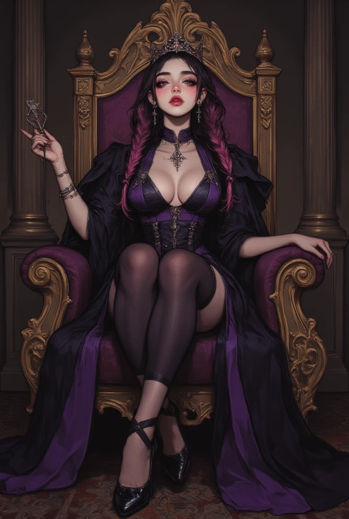 vampires, purples eyes, Wearing Black Dress, beautiful and elegant woman, clothes without being vulgar. Sitting on a throne with your shadows moving, She's in a dark room with little candlelight. realistic drawing . cleavage, thigh, short skirt, sexy, wide demonic wings