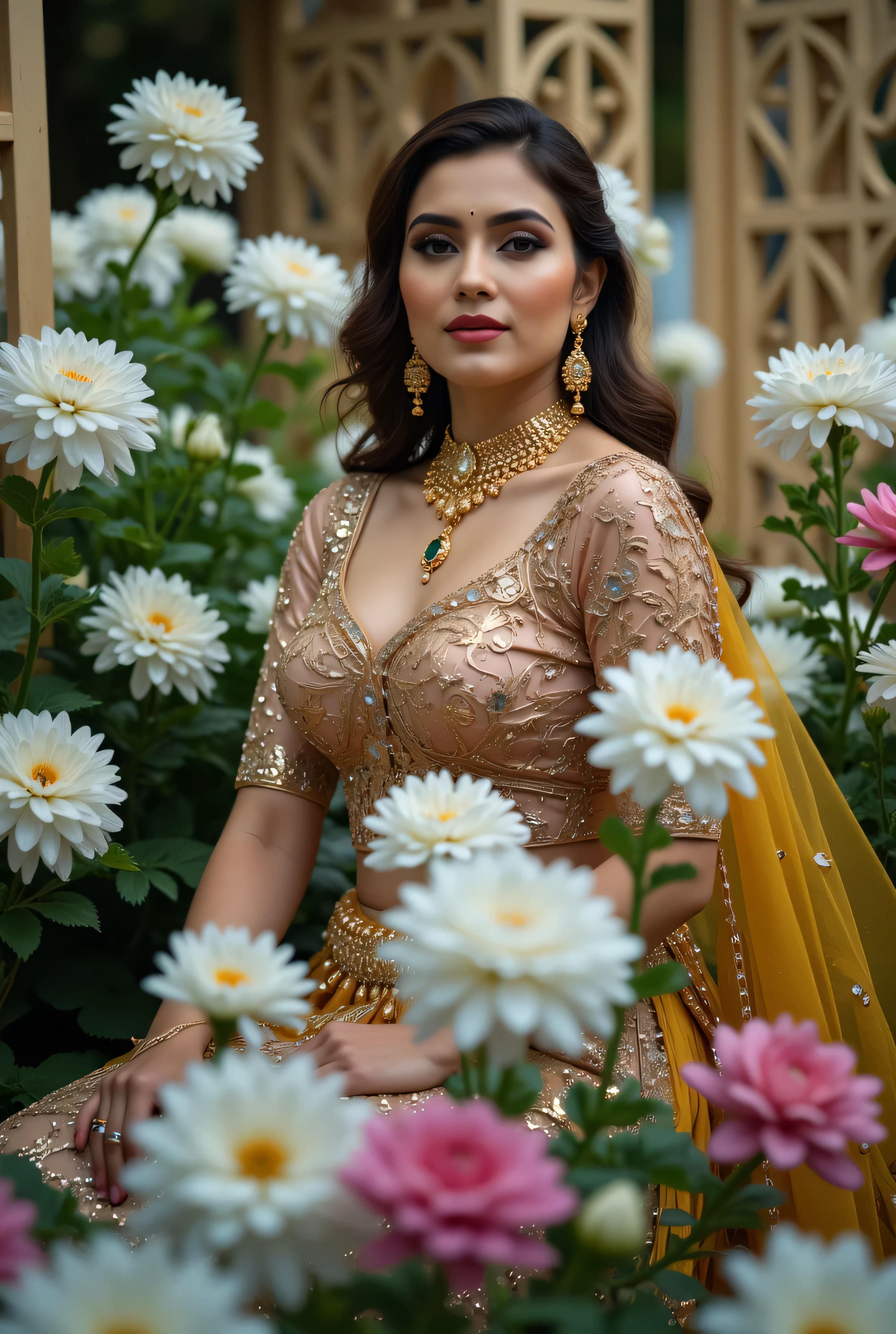A beautiful Indian woman seated gracefully in an outdoor floral setting, wearing a traditional lehenga-choli ensemble with a richly embroidered dark blouse, deep yellow skirt, and mustard-yellow dupatta draped across her shoulder. Her look is enhanced with intricate gold jewelry, including layered chokers, jhumka earrings, stacked bangles, and an emerald pendant. Her makeup is professionally applied with bold lips, defined eyebrows, and contoured cheeks. She has a symmetrical oval face, flawless skin, and flowing, softly curled dark brown hair. The backdrop features blooming white flowers and ornate wooden lattice panels, creating a serene and regal garden atmosphere. Studio-quality lighting with a cinematic bokeh foreground. Full-body composition, elegant posture, poised expression, royal Indian ethnic fashion, high realism, editorial photography style. high detail, DSLR quality, fashion editorial, traditional Indian attire, natural garden light, soft shadows, ethnic elegance, jewelry detail, realistic rendering, studio background bokeh bad-hands-5 and bad-fingers-5