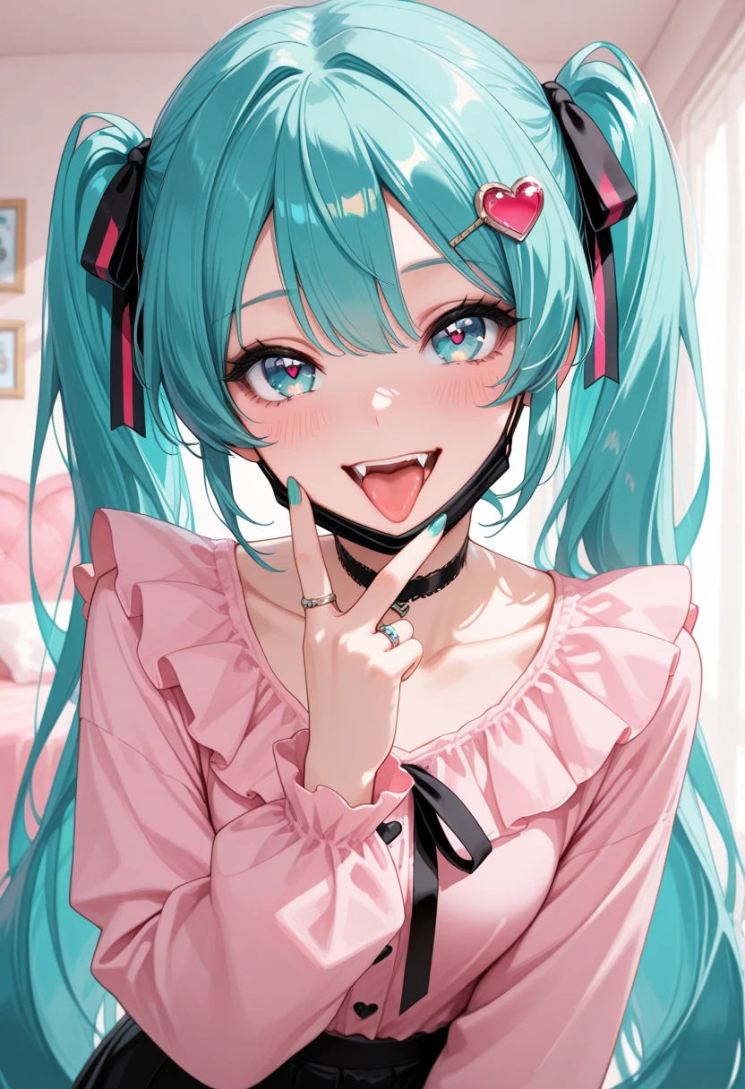 masterpiece, best quality, top quality, good quality, newest, highres, absurdres,
perfect composition, eye reflection, eyelashes, (gradient eyes:1),
BREAK
1girl, ring, solo, hatsune miku, mouth mask, mask, twintails, jewelry, tongue, mask pull, underwear, pink shirt, shirt, heart hair ornament, looking at viewer, blush, long hair, skirt, heart, ribbon, open mouth, tongue out, long sleeves, fangs, hair ornament, black skirt, holding, choker, black ribbon, frills, aqua hair, bangs, smile, hair ribbon, blue eyes, collarbone, frilled shirt, upper body, v, teeth, indoors,