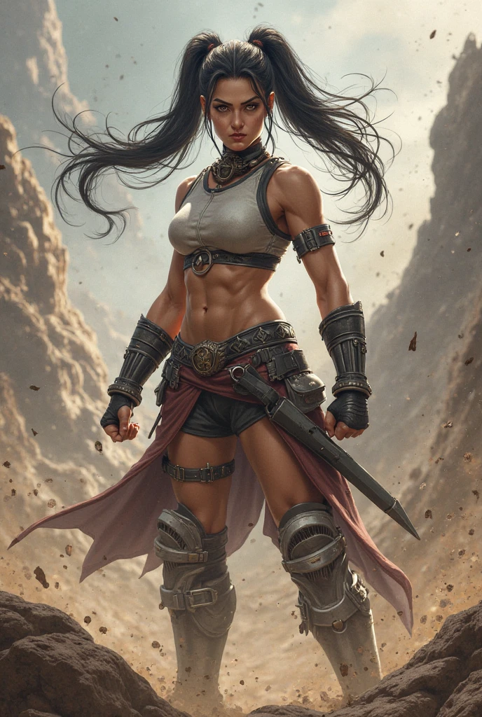 (best quality), detailed background, oriental nobless,warrior girl, athletic physique, shredded abs, bicep veins, heavily muscled legs, combat arts,holding halberd,oni, monster army