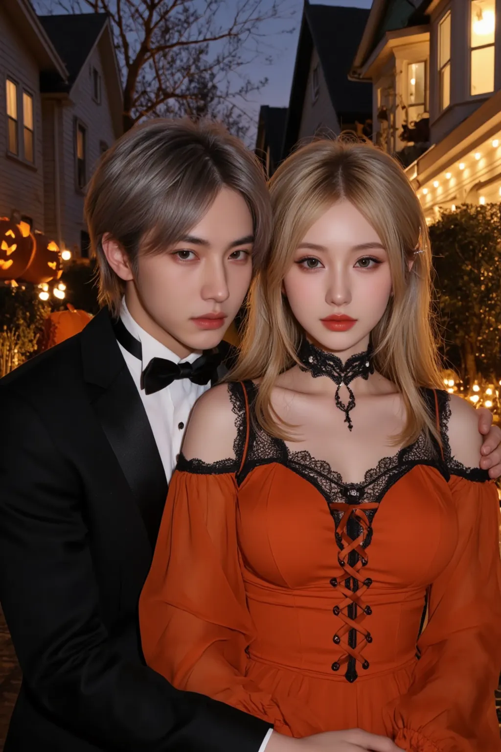 here are two people that are standing next to each other, Bae Joo hyun and Jeon Jung-kook, & Jeon Jung-kook & by Bae Joo hyun, couple pose, inspired by Jeon Jung-kook, blonde hair, inspired by Bae Joo hyun, imvu, cruel korean goth girl, sui ishida with blonde hair, inspired by Bae Joo hyun, sakimi chan, with straight blonde hair, detailed long blonde hair, blonde hime cut hair, gigantic breasts, 1girl, star eye, blush, perfect illumination, blonde hair, black eyes, unreal engine, sidelighting, detailed face, bangs, bright skin, simple background, repainting