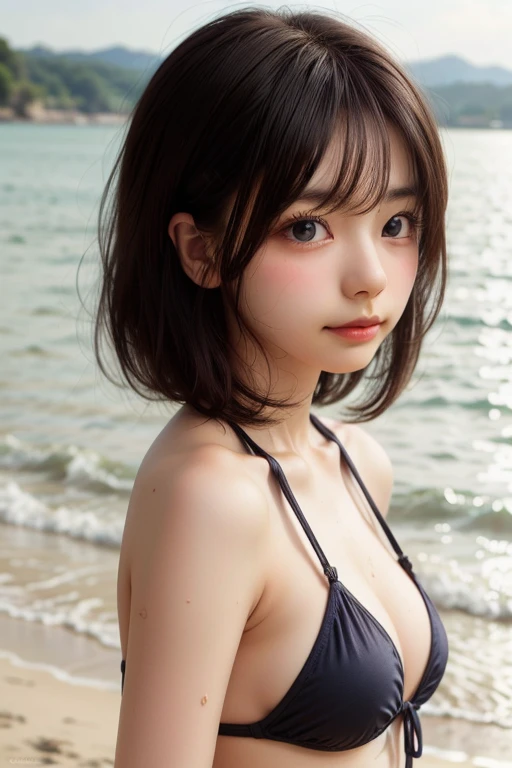 japanaese girl、Girl in her 20s、perfect chest、flawless skin、Wet hair、Perfect、short black hair、bangs bangs、brown-eyed、Lustrous、transparency、Luminous、seas、beach、Bikini in pastel colors、Strong sunshine、behind from、back、