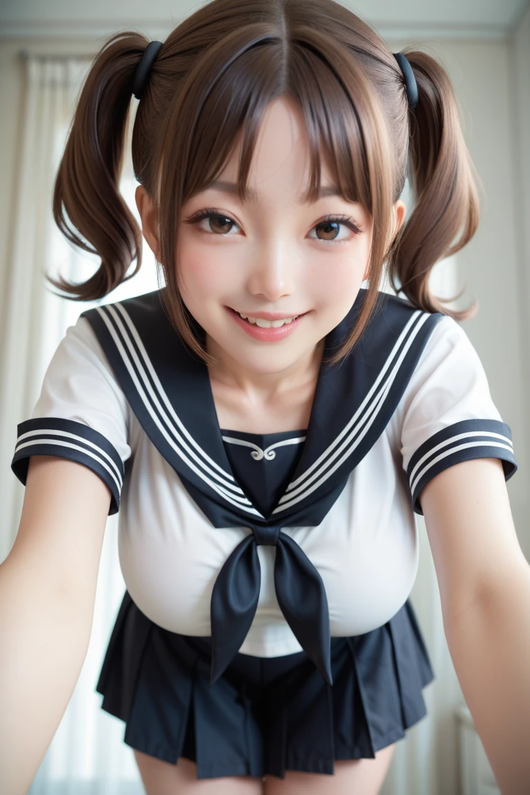 (highest quality,masterpiece:1.3,Ultra-high resolution),(Very detailed、Caustics) (Realistic:1.4, RAW shooting、)Ultra-Realistic Capture、Very detailed、Natural skin texture、masterpiece、(Two Japanese girls wearing high school sailor uniforms:1.3)、Pressing our chests against each other、Adorable expression、Expressions of happiness、14 years old、Height: 148cm、Young Face、Amazingly cute、Twin tail hairstyle、Straight hair、Scrunchie、Black Hair、light makeup、Slightly large breasts、Bare arms、Shining thighs、Shining ass、Filmed in a junior high school classroom、smile、An inviting gaze、Anatomically correct、Cowboy Shot、Attention to detail、A pose that emphasizes the chest、
