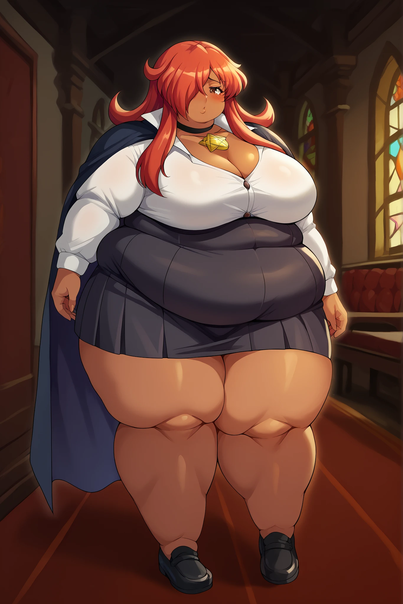 score_9, score_8_up, score_7_up, source_anime,
Church Augusta Frederica of Anhalt-Zerbst, Kirche Augusta Frederica von Anhalt Zerbst, long hair, brown eyes, red hair, dark skin, hair over one eye, dark-skinned female,
skirt, thighhighs, long sleeves, collared shirt, white shirt, black skirt, cape, cleavage, pentacle, choker,
indoors, bedroom, on side, blush, drunk,
looking at viewer, fat, chubby, obese, gigantic arms and legs, full body shot