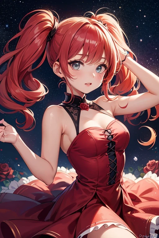 a woman in a red dress, holding red roses, red roses, derevschikova, alexis flower, huge breasts, cleavage, smiley face, smile on face, roses background, beautiful sexy woman photo, in red rose background, on a red background, female model, roses, with a beautifull smile.