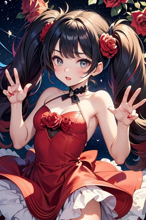 (masterpiece、highest quality)、Beautiful doll images ((One girl、Woman with long flowing hair)、(Star-shaped pupil Symbol-shaped pupil、Sparkling eyes that sparkle like the night sky)、(Open mouth with attractive open-mouth smile)、(Staring straight at the viewer、A light and seductive smile plays on your lips)、(Abstract colorful background、 Create an otherworldly atmosphere with chromatic aberration、Swirling in various colors)、(A captivating portrait that exudes a sense of mystery and glamour)。A realistic figure in a red dress
