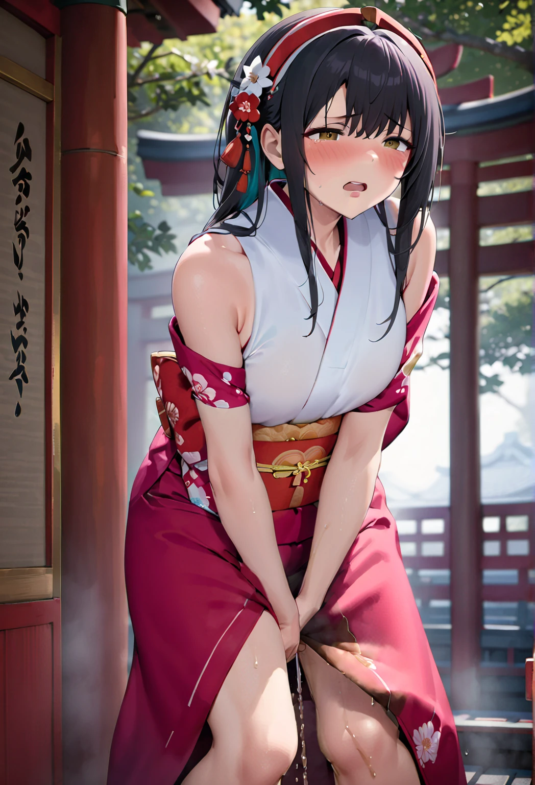 NSFW, (masterpiece, top quality, best quality, highly detailed:1.6), extremely detailed CG unity 8k wallpaper, (full body), wide shot, long shot, (close knees, hands between legs:3), (leaning forward:2.5), (standing:3), (((clutching crotch))), (Japanese Shrine Maiden Costume, White yukata, Vermilion long hakama:2), (woman standing on the shrine, outdoor), strong facial expression, (sharp eye:1.2), (scowl:1.1), (embarrassed,blush:1.3), (steam:2), (Wet:1.1), (sweat:1.1), (trembling:1.3), (open mouth, wavy mouth:1.4), (clenched teeth:1.7), (closed eyes:1.5), (feeling weak:1.5), (bravery crying, sobbing:1.5), (shoot from front, looking at viewer:1.2), White socks, Red sandals, (Very long hair, Extra long hair, Jet black hair:1.7), (woman trembling with sexual climax:1.5), colorful, perfect composition, (Touching the crotch:1.7), urination, incontinence, piss, peeing self, A lot of pee, (((pee stream))), (pee puddle), Wetting herself, peeing, blush, trembling, embarrassed, large breasts, Yellow pee, ((leaking pee)), Shaking one's shoulders, Breaking a sweat on forehead, puddle of pee, Pee spread on the floor, (Pee stains), Full bladder, Red hakama wet with pee, Pee-soaked ankle socks, natural makeup,