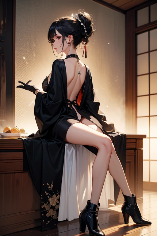 (Official art、Best Quality、Unity 8k Wallpapers、32K、masterpiece、ultra-detailliert、超A high resolution、realisitic、Photorealsitic:1.2)、(Cinematic lighting:1.2)、Fireglow effect、film grains、Best Shadows、Rim lighting、side lights、sideshot、(Ultra-detailed and complex 3D rendering)、Detailed beautiful face and eyes、A slender、Medium bust、(Full body:1.2)、 Highly detailed background、Chinese Restaurant、Carry dishes、beauitful face、blurry backround、a beauty girl、(super detailed skin、detailed skin textures:1.3)、Black hair、short-hair、Double bun、Blue eyes、Red cheongsam with gold thread embroidery、Wearing high heels、Floral hair ornament、miscievous smile、(thighs thighs thighs thighs:0.9)、Sitting on a desk、dynamicposes、