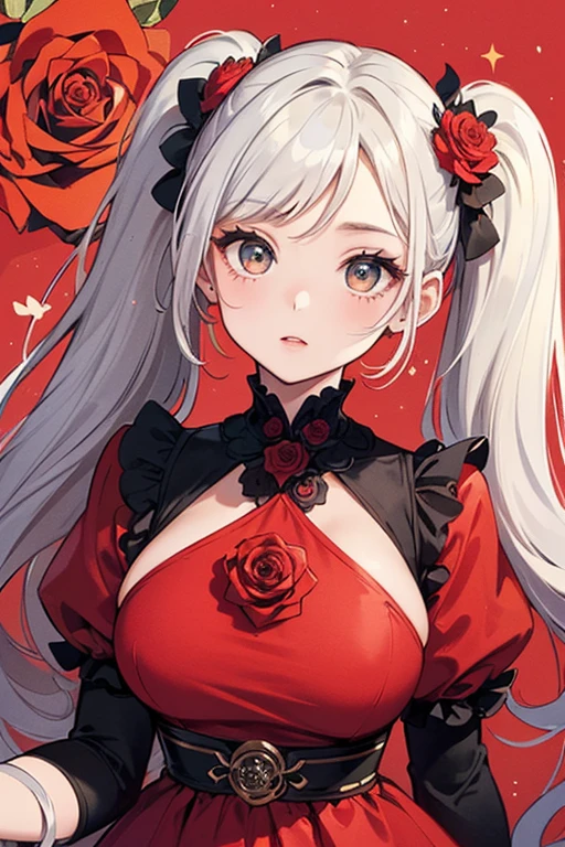 (work of art),(best qualityer:1.0), ( 1 girl, Beautiful girl, wearing a red dress, crown of flowers, gorgeous eyes, detailedeyes, dark red eyes, beautiful and stylish hair, shiny silver hair, highlights in hair, bangss, best qualityer, looking ahead at viewer