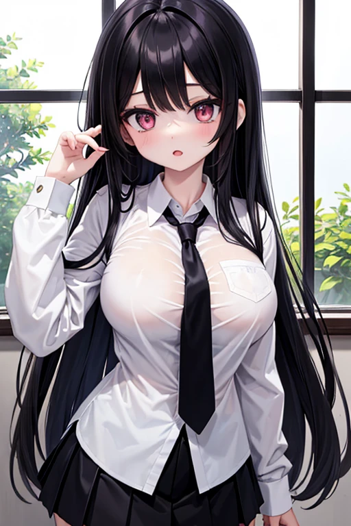 (masterpiece), best quality, highly detailed faces, (SHARP details), 4k, highly detailed, expressive eyes, SHARP detail expressive eyes, (SHARP detail perfect face), ((dark skin)), long hair, ((big breasts)), ( girl), black hair, (gyaru), full body shot, school shirt, school skirt, view from front, cleavage,