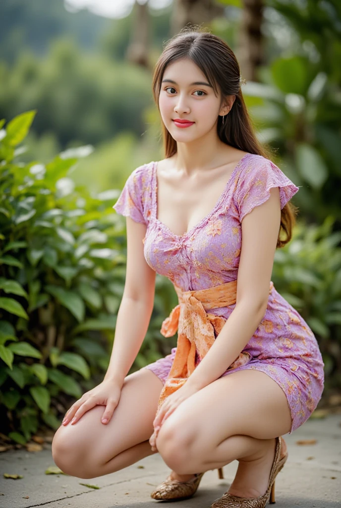 High-resolution images,masterpiece, (highest quality), ((Most detailed)), Depth of written boundary, beautiful girl, Full body high quality images,Beautiful Face,In a flower bed in a beautiful park overlooking the sea, nature, Spirit, Floral, Colorful landscapes, Flowers, Ultra-high definition images,, sparkling purple dress, From a short distance,smile,Full body image,、((Sexy panties in full view:1.2))、((Spread your legs wide:1.2))