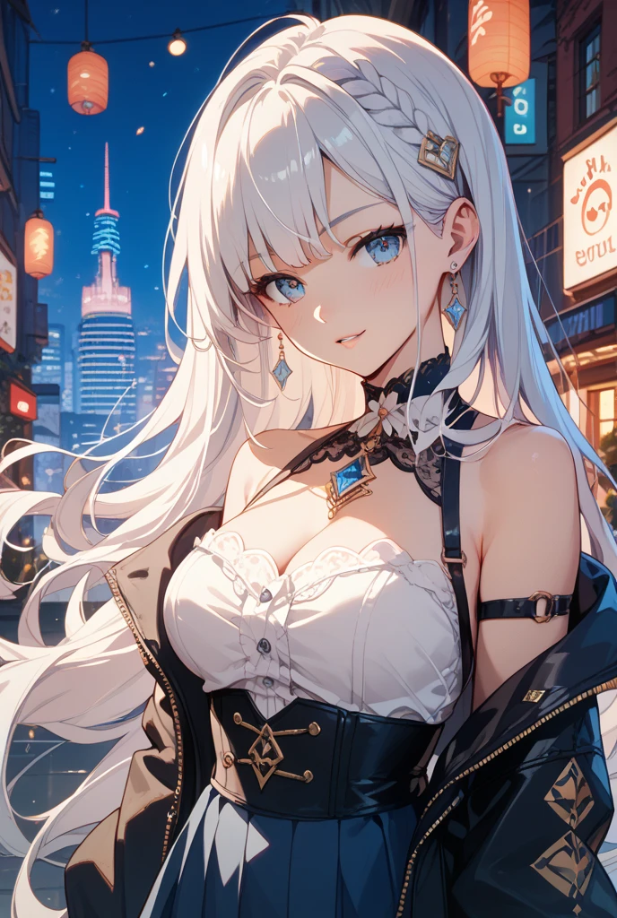 (masterpiece, best quality:1.2), intricate details, 1girl, solo, sky striker ace raye,cityscape ,blue eyes,long Blond hair, black headdress.Dark brown tie,raining,stars,night,narrow bust,frontal view,(mature female:1.2),huge breasts:1.6,thin body