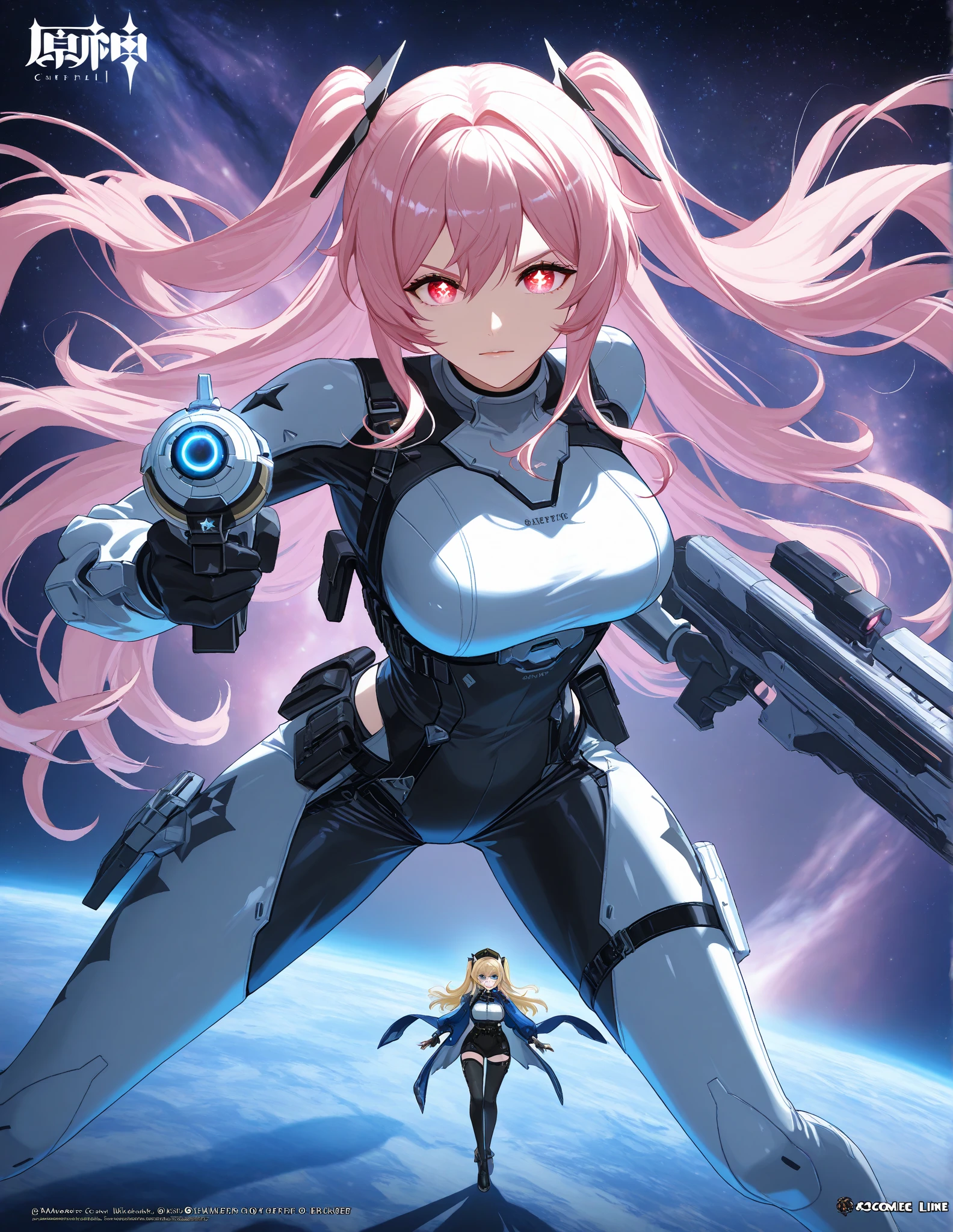 Create a woman who uses high-tech robotic armor on a spaceship.