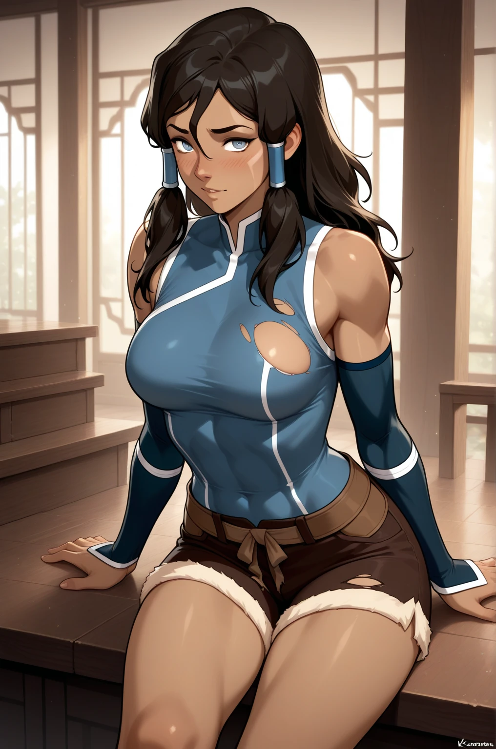 The legend of korra, korra,(medium tits,thongs,stockings,micro bikini,) her legs spread open, lifting skirt, looking at viewer,