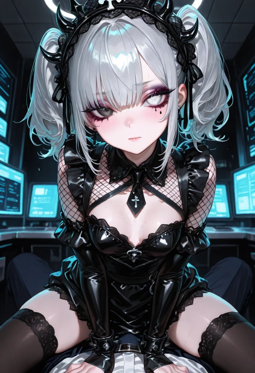 Thin girl, short white hair, red eyes, eye patch, fetishistic costume, black color, vinyl, exposed abdomen, harness, exposed shoulders, semi-transparent stockings, semi-transparent gloves., UHD, masterpiece, accurate, anatomically correct, textured skin, best quality, 4K