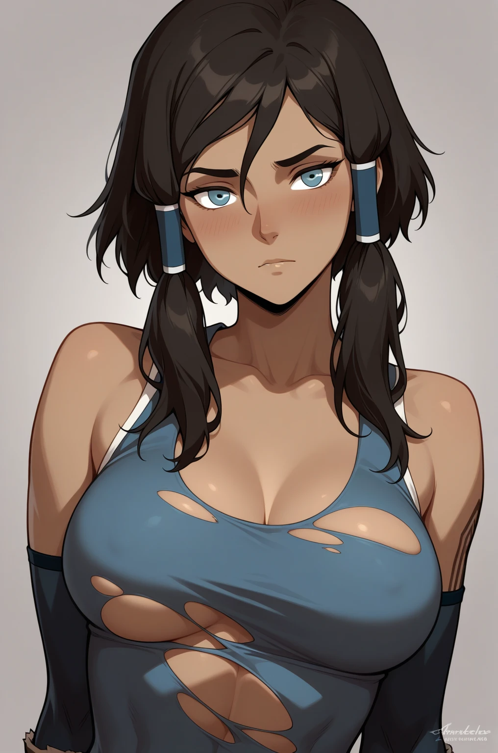 muscle breasts thighs girl pale skin black hair yellow eyes frown close up