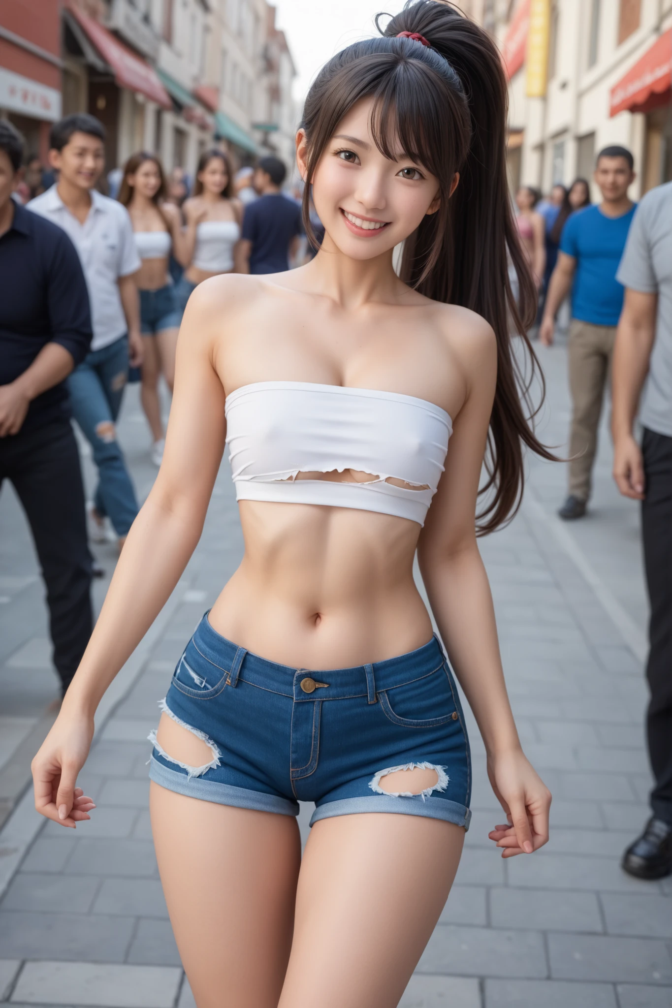 ((1 female: 1.5)), (anatomically correct proportions), (sexy proportions), ((male attractive poses)), detailed face, detailed hair, detailed skin, (( Small face: 1.2)), (light makeup), thin waist, (large breasts), ((short torso)), ((1 screen)), 8K, RAW shot, highest quality, ((masterpiece)), realistic photo, shot above the knee, (cute face like a Japanese idol), 18-year-old beauty, (amusement park on a hot summer day: 1.5), sweaty standing beauty, body sweaty Shining: 1.5, (Transparent tank top with thin fabric: 1.5), Sweat-stained tank top: 1.5, (Body-fitting tank top), (No bra: 1.5), (Cleavage), ((nipple shadow: 1.5)), (miniskirt is wet: 1.5), (forehead sweat), (wet bangs: 1.8), ponytail, bruised smile