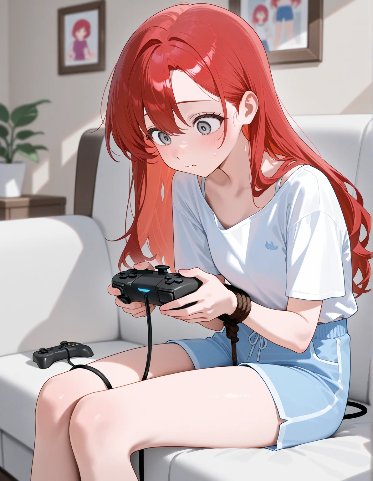work of art, best qualityer, sour cherry, earbuds, glasses on head, white shirt, White-panties, bare feet, without shoes, Perfect feet, whole body, ssmile, sitting in the living room playing video games