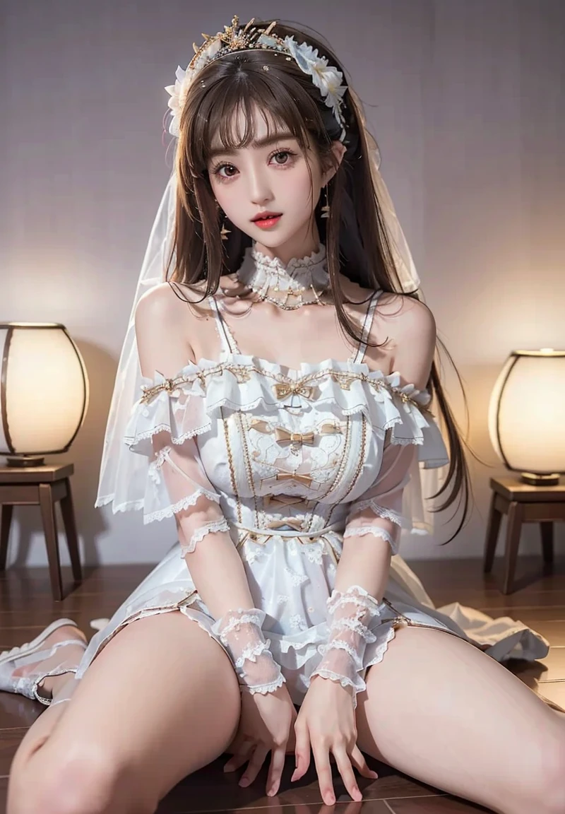 (best quality,8k,highres,masterpiece:1.2),(illustration),(ultra-detailed),(realistic:1.37),(beautiful detailed eyes),(solo),(full body),(1girl),(wearing a beautiful and detailed wedding dress),(sparkling accessories),(looking at the viewer),(extremely detailed),(detailed face),(pureerosfaceace_v1),(smiling),(wearing a diamond tiara)
