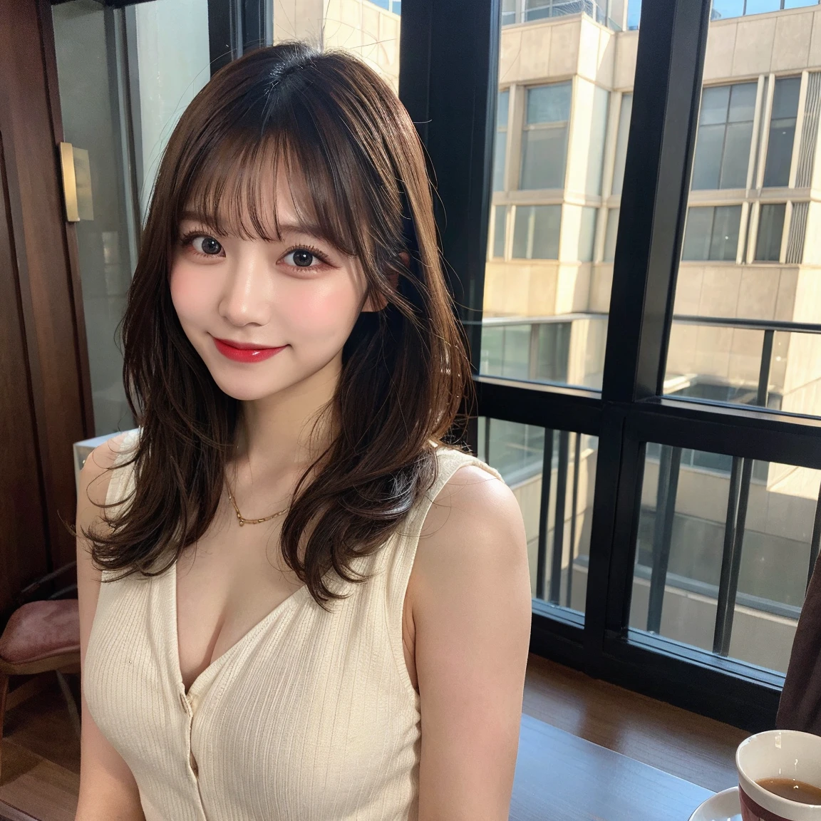 Tabletop, Highest quality, figure, Very detailed, In detail, High resolution, 8k wallpaper, Perfect dynamic composition, Beautiful attention to detail, dress,Medium Hair, Center of chest, Natural color lip, Random sexy poses,smile,Tower apartment