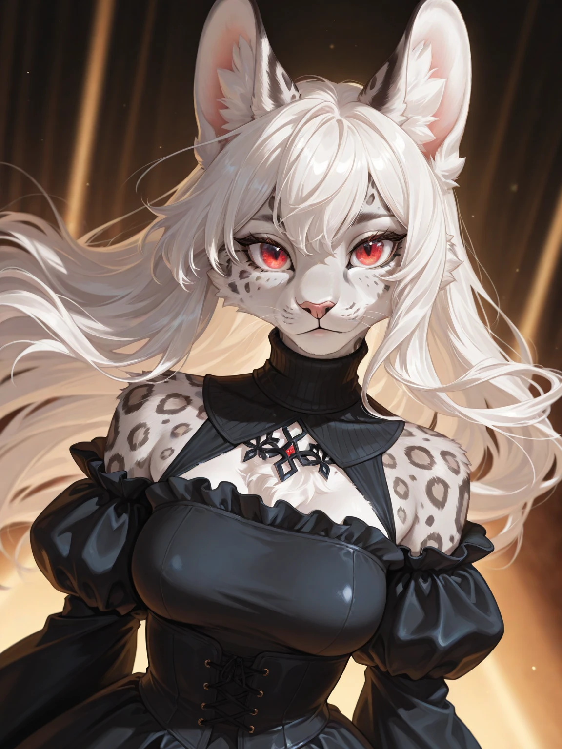 masterpiece, accurate, anatomically correct, super detail, high details, high quality, best quality, highres, 4K, character concept art, female character illustration, female role-playing character, 1 adult woman aged 25, She is a cat girl, catgirl, has fair and milky skin, ((cat heterochromia, with red and gold eyes)), perfect bright eyes, (((white hair, long with blunt bangs))), cat ears, ((dark makeup, black lipstick)), ((The woman is wearing medieval black clothing)), She wears a richly detailed black leather cat choker.